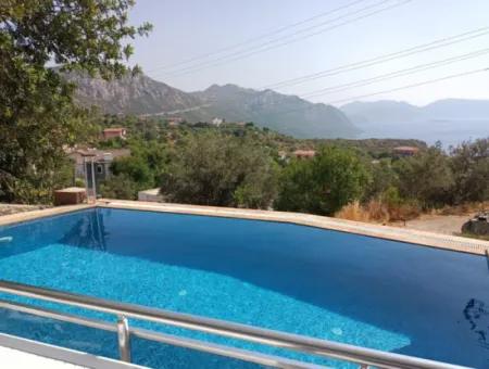 Villa For Sale In Marmaris Söğüt Village, With Magnificent Sea View, Swimming Pool, Parking, 3 Rooms, 1 Living Room, Garden, 200M2 Usage Area