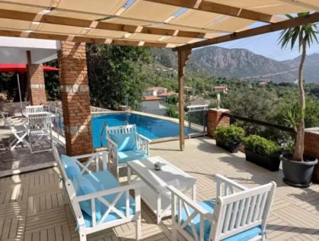 Villa For Sale In Marmaris Söğüt Village, With Magnificent Sea View, Swimming Pool, Parking, 3 Rooms, 1 Living Room, Garden, 200M2 Usage Area